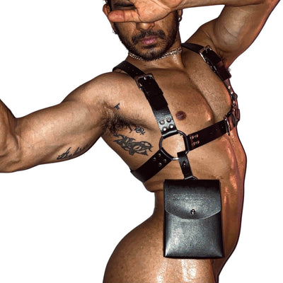 Utilitarian Leather Chest Harness, genuine leather chest harness by Subculture, worn view