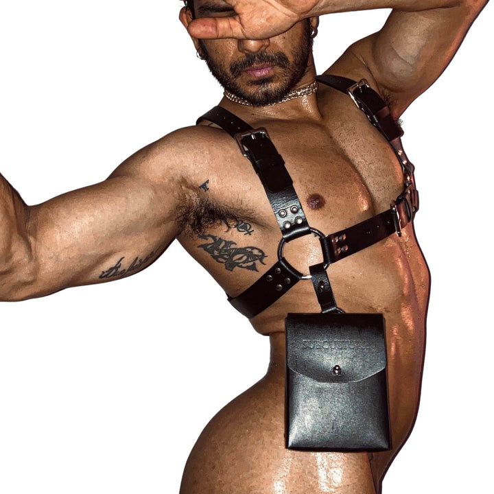 Utilitarian Leather Chest Harness, genuine leather chest harness by Subculture, worn view