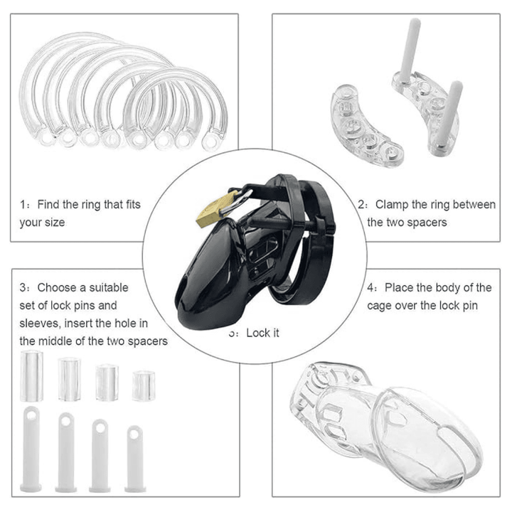 Chastity Plastic Cage Men, genuine leather chastity cage by Subculture, worn view