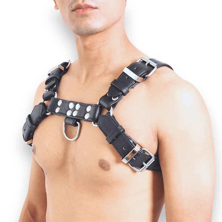 Classic Chest Harness (soft leather), genuine leather chest harness by Subculture, worn view