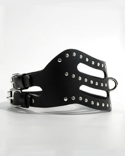 Cipher Collar reverse — dual adjustable buckle closure detail on wide-band black studded leather collar, Subculture India