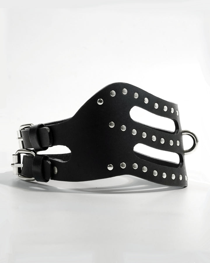 Cipher Collar reverse — dual adjustable buckle closure detail on wide-band black studded leather collar, Subculture India