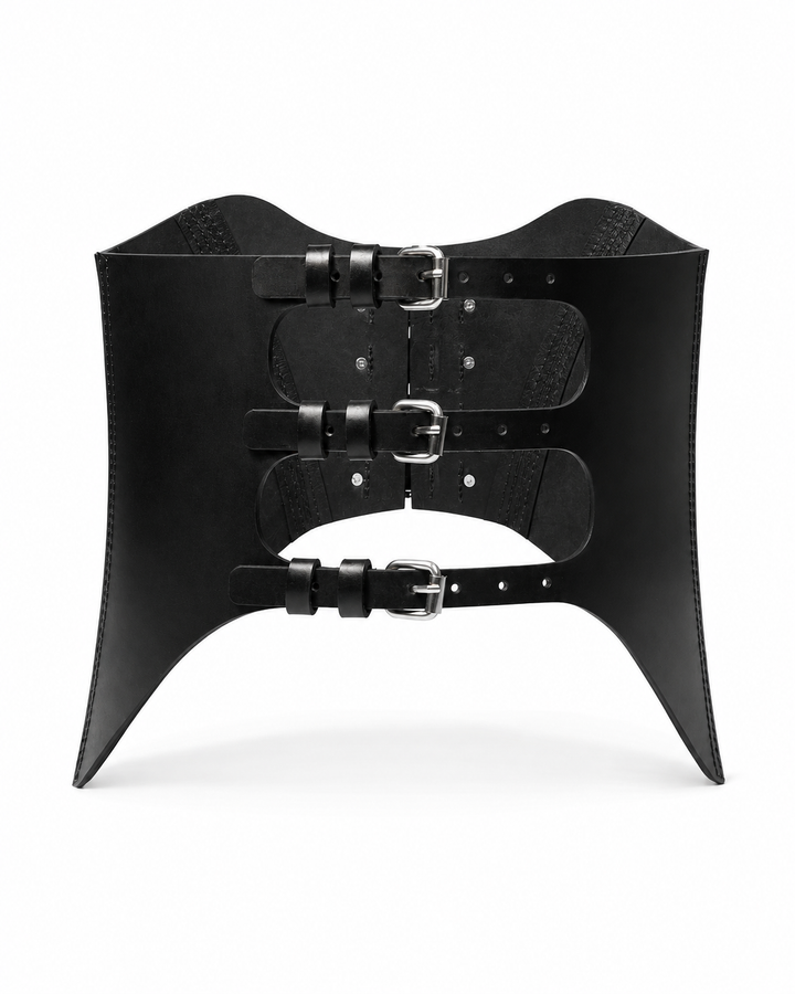 Rhiamon Unisex Leather Corset product shot back view, showing 3 rear adjustable buckle straps, saddle-stitch panel seams and flared pointed lower corners, Leathersubculture