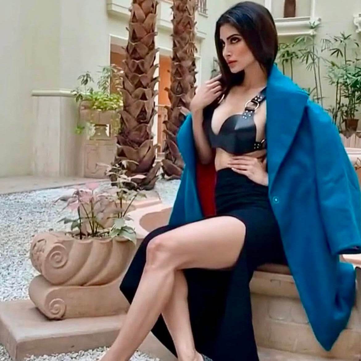 Mouni Roy in Leather subculture bralette