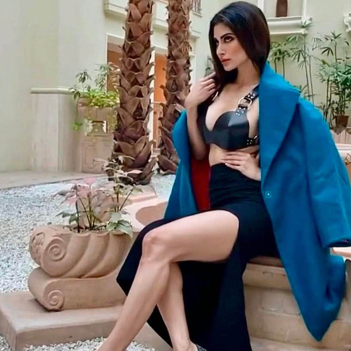 Mouni Roy in Leather subculture bralette
