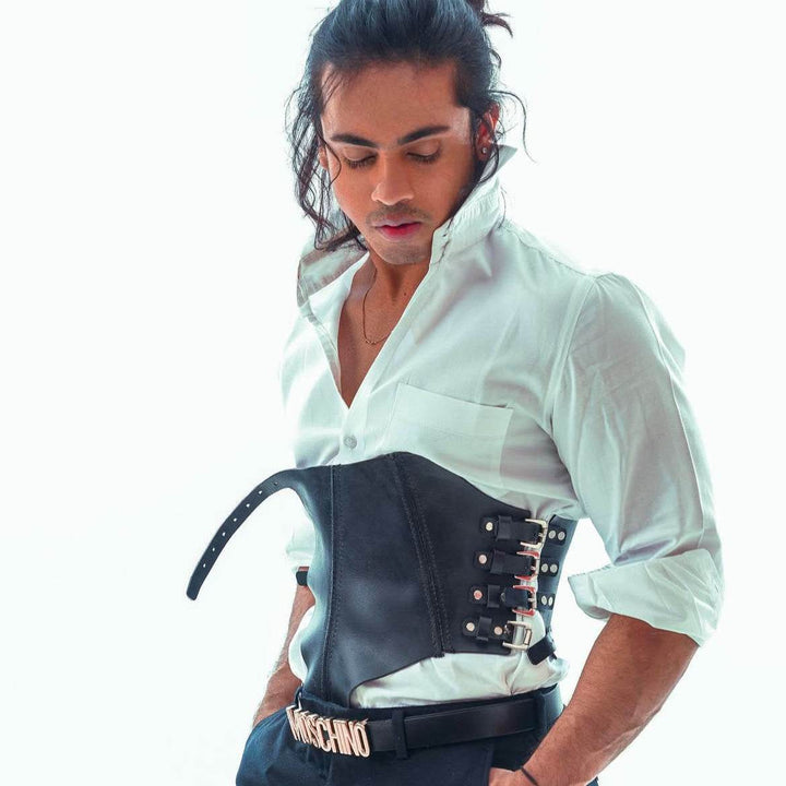 Rhiamon Unisex Leather Corset, genuine leather corset by Subculture, worn view