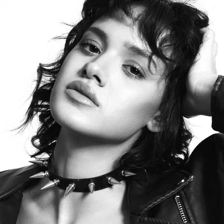 Dom Spike Choker, genuine leather collar by Subculture, worn view