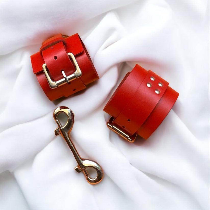 Unisex Hand Cuffs, genuine leather restraint cuffs by Subculture, close-up