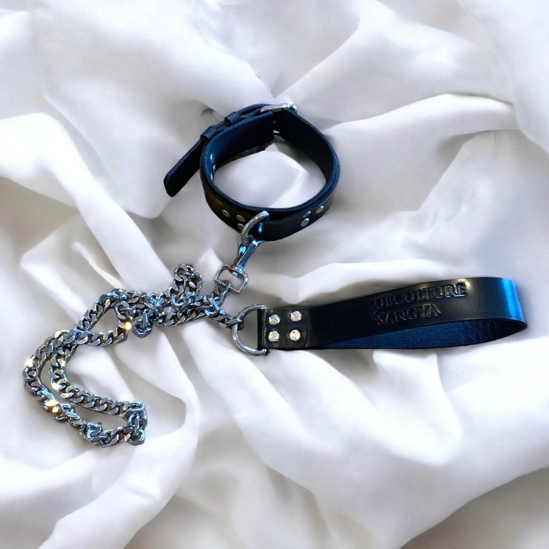 Submissive Collar and Leash, genuine leather collar by Subculture, side view