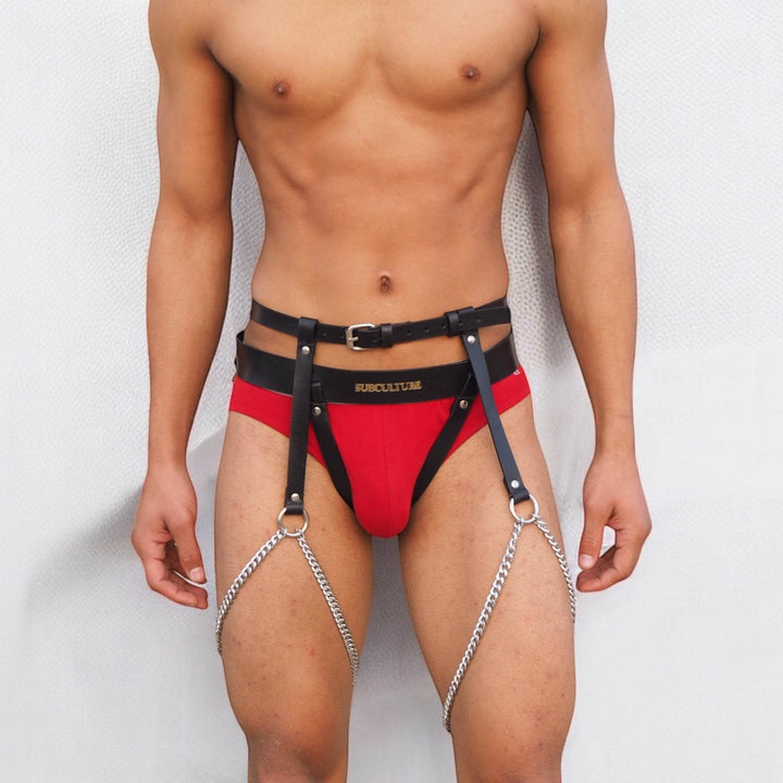 Men's Thigh Chain Suspender, metal thigh suspender by Subculture, worn view