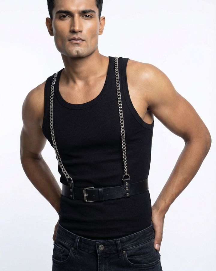 Shoulder Chain Suspender Harness, unisex metal chain harness on white background