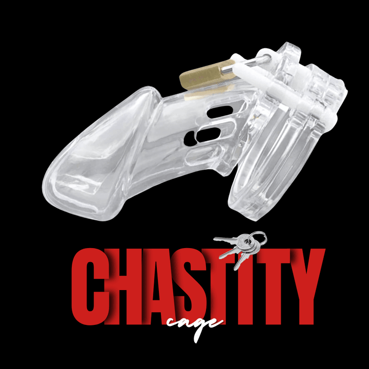 Chastity Plastic Cage Men, genuine leather chastity cage by Subculture, close-up