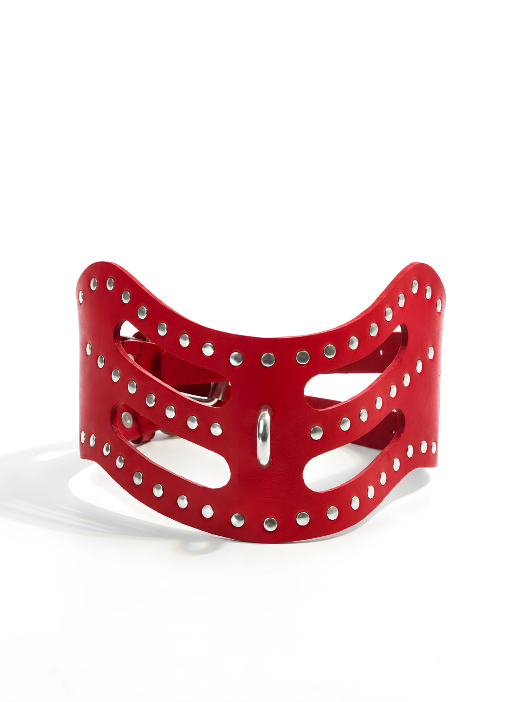 Cipher Collar — wide red leather collar with precision cut-out slots and chrome stud rivets, double buckle closure and O-ring, flat lay on white background