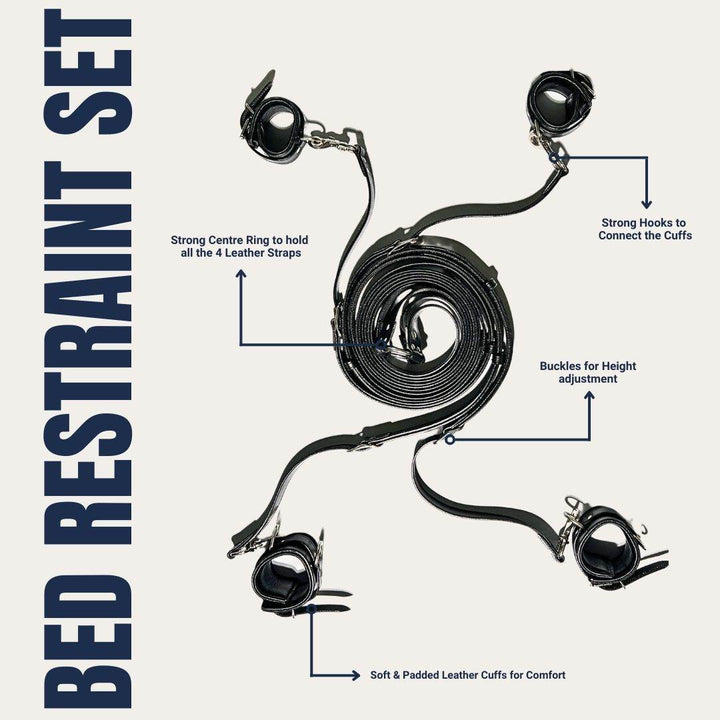 Subculture Leather Bed Restraint Set, genuine leather restraint cuffs by Subculture, worn view