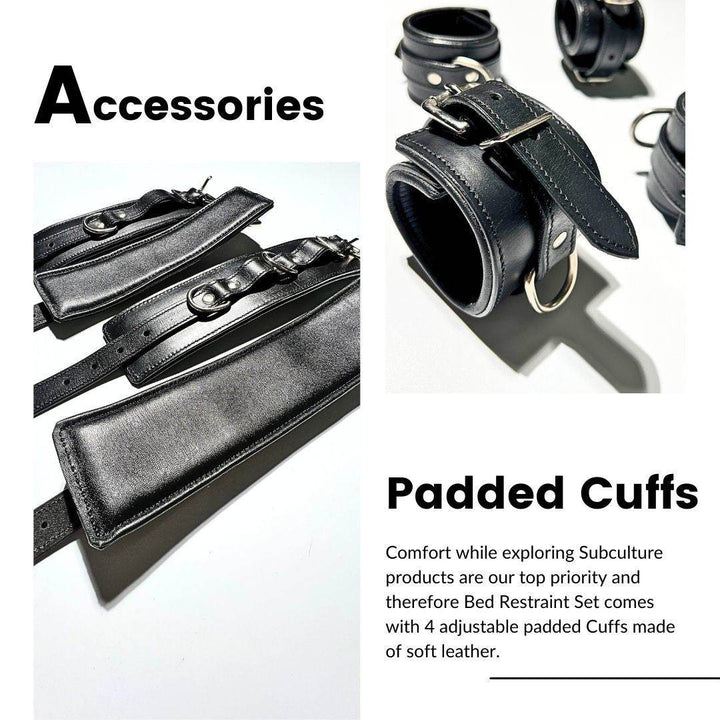 Subculture Leather Bed Restraint Set, genuine leather restraint cuffs by Subculture, side view