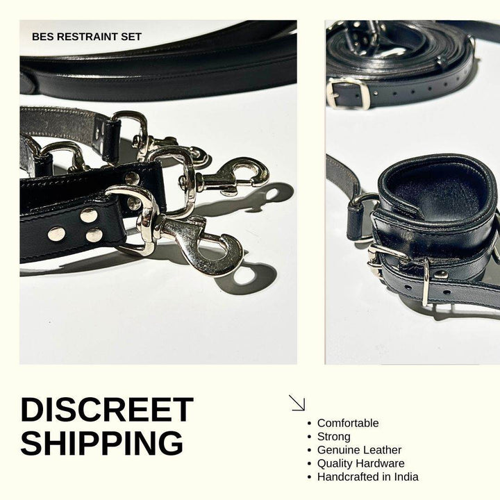 Subculture Leather Bed Restraint Set, genuine leather restraint cuffs by Subculture, detail view