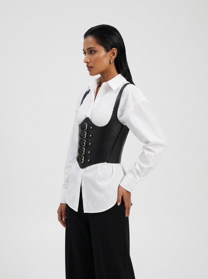 Alice Leather Corset, genuine leather corset by Subculture, worn view