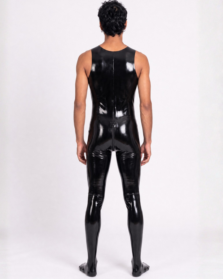 Back view of men's glossy black latex jumpsuit showing centre back zip, full coverage from shoulders to foot