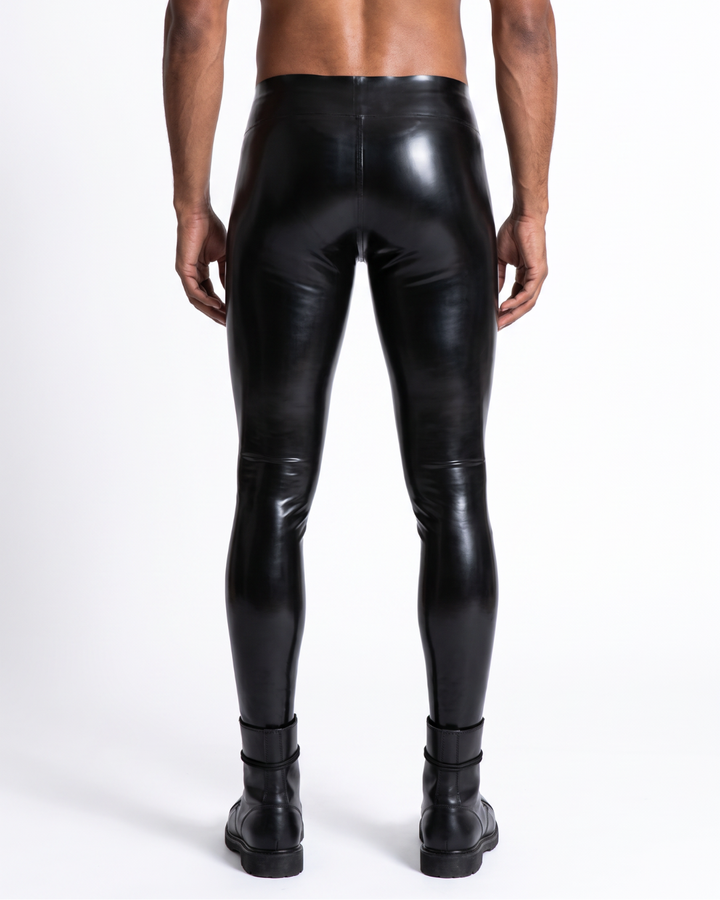 Men's black latex leggings back view showing contoured fit and high waist