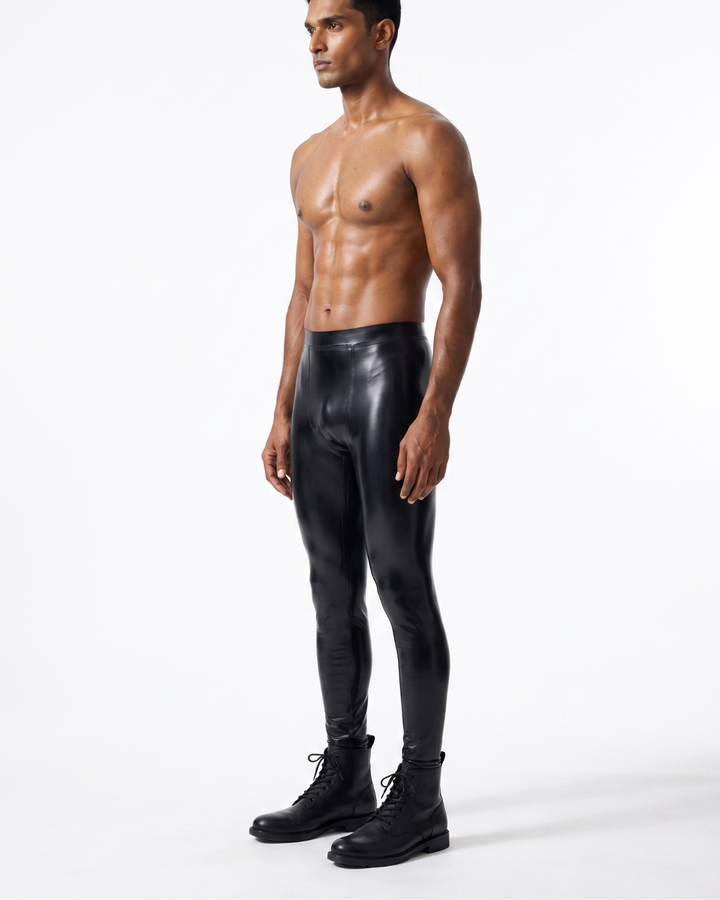 Men's black latex leggings three-quarter left side view