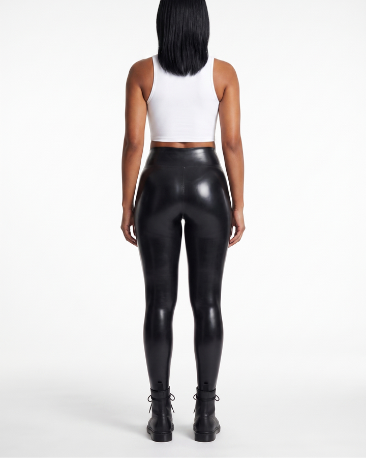 Back view of women's high waist black latex leggings, showing clean glossy finish and high-rise waistband