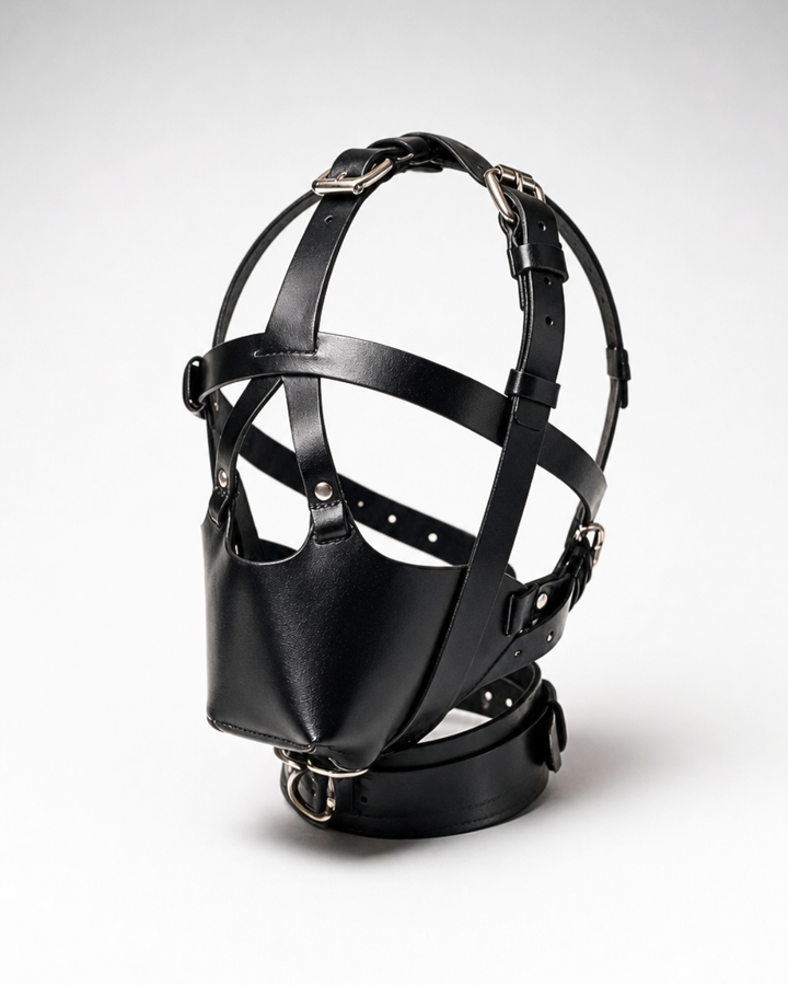 Black leather muzzle mask with adjustable straps and metal hardware
