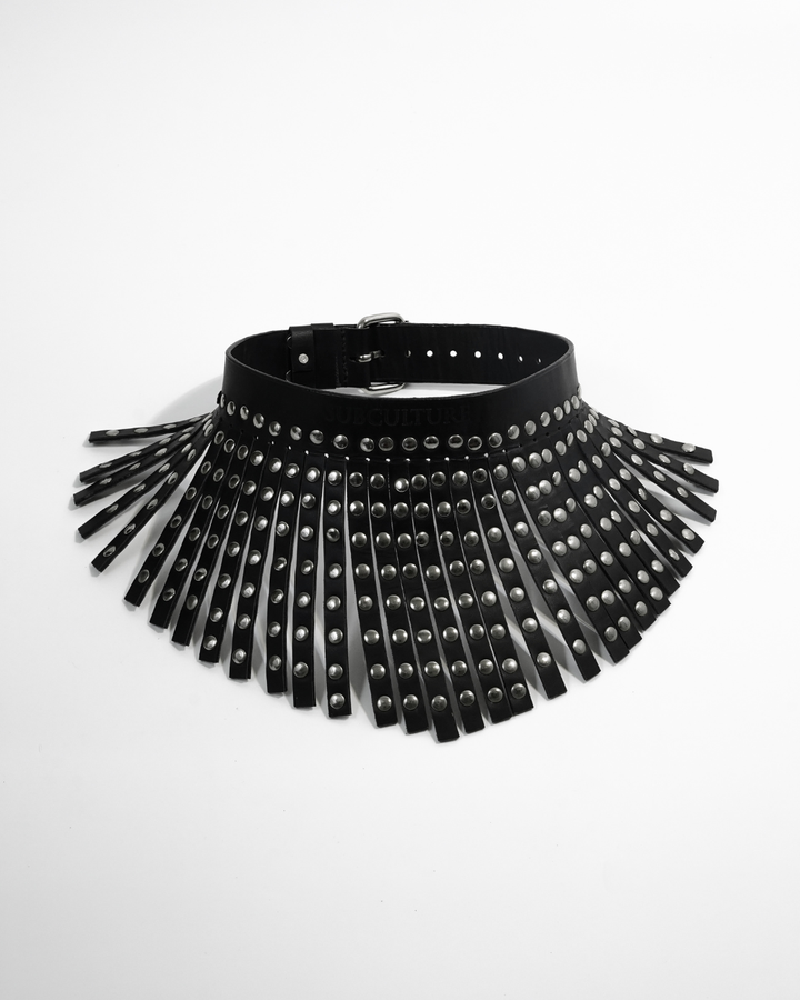 Subculture Maharaja Collar in black - flat lay showing studded leather fringe strips with silver dome rivets and adjustable rear buckle, Leathersubculture India
