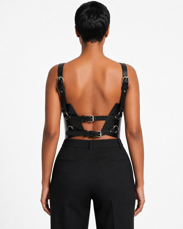 Randy Corset in black genuine leather on model, back view showing adjustable shoulder straps and rear buckle straps, Subculture
