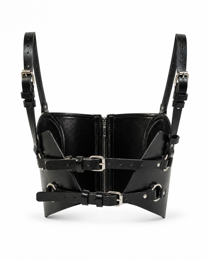 Randy Corset product back view in black genuine leather showing rear buckle adjustment straps and silver hardware, Subculture