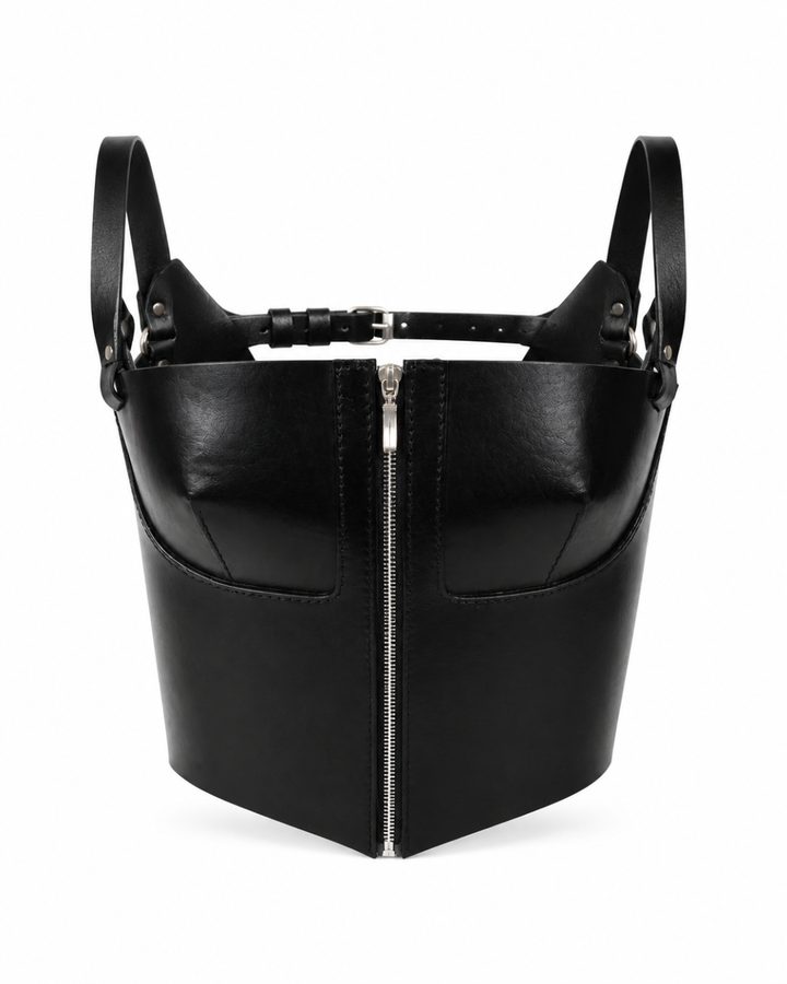 Randy Corset product front view in black genuine leather with silver zip closure, structured cups and shoulder straps, Subculture