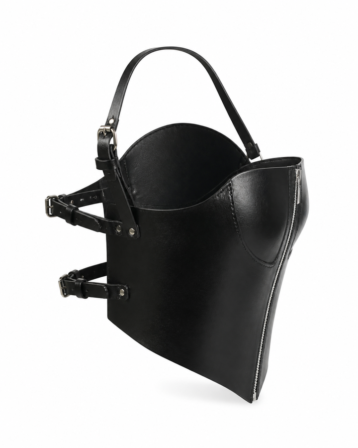Randy Corset product side view in black genuine leather with zipper front, curved bust line and adjustable straps, Subculture