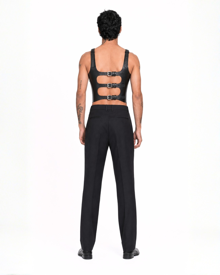 Randy Men Corset in black genuine leather on model, back view with open back panels and three adjustable buckle straps, Subculture