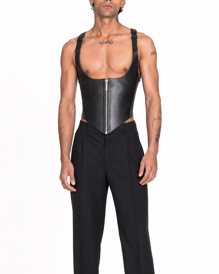 Randy Men Corset in black genuine leather on model, front view with open chest cut, zip front and adjustable shoulder straps, Subculture