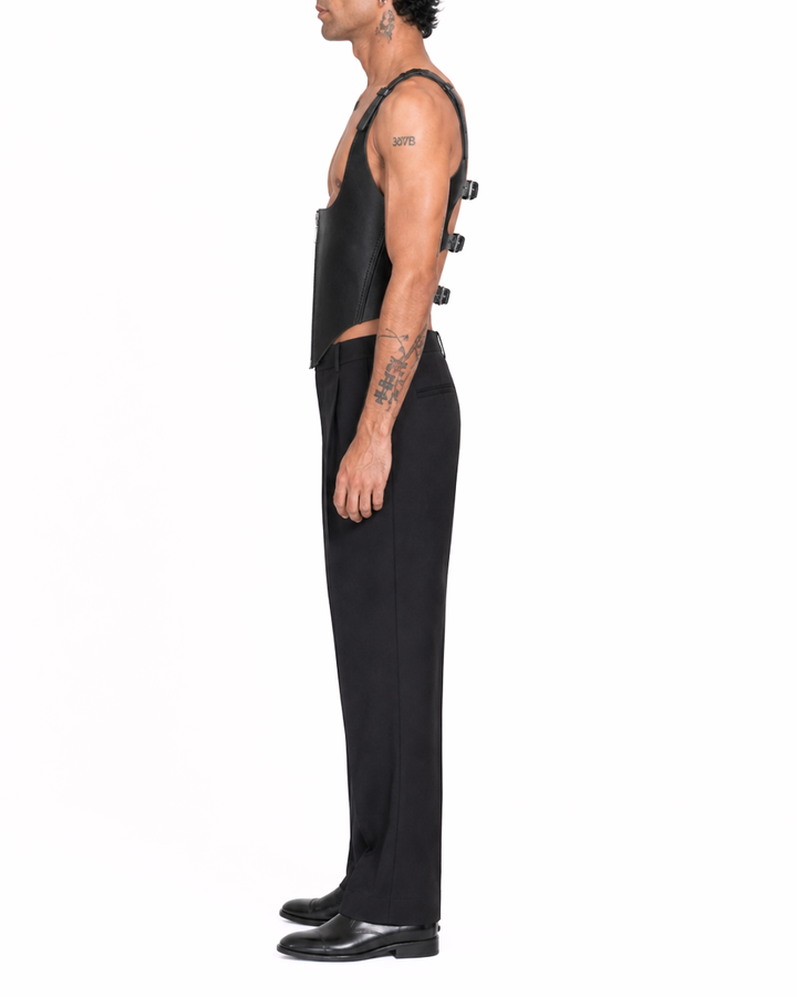 Randy Men Corset in black genuine leather on model, side view showing sculpted waist line, open chest cut and rear buckle fit, Subculture
