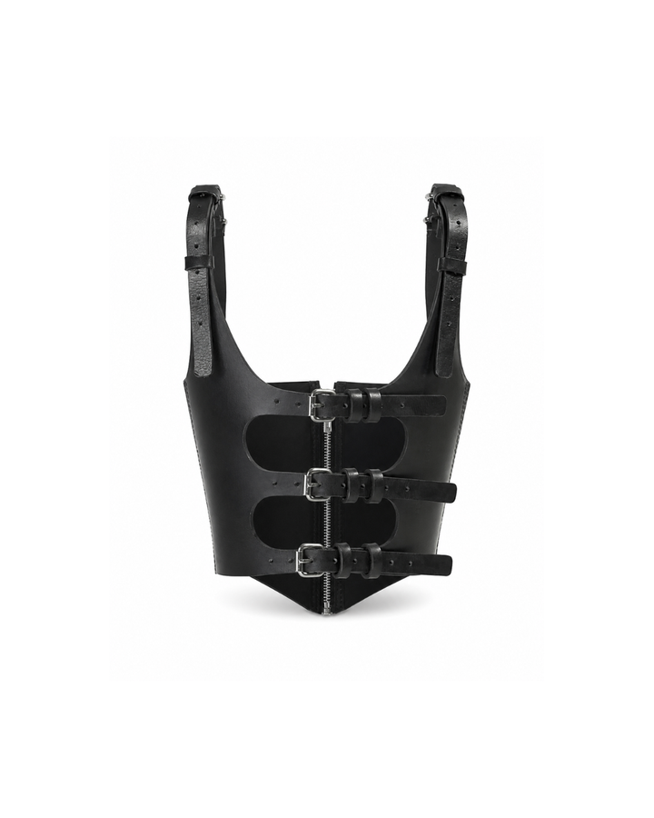 Randy Men Corset product back view in black genuine leather showing open back cutouts, three buckle straps and silver hardware, Subculture