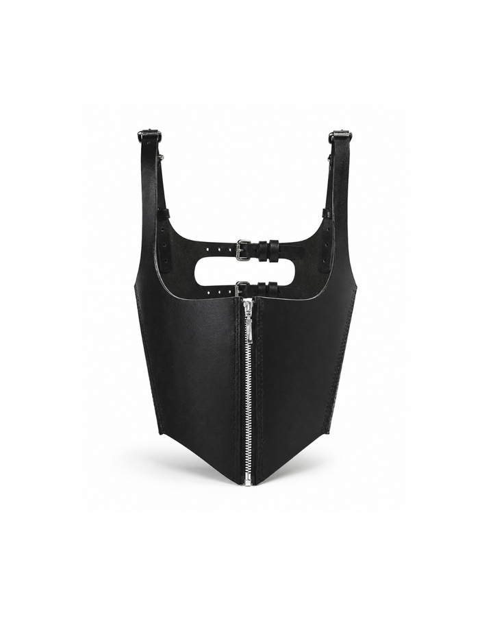 Randy Men Corset product front view in black genuine leather with silver zip front, open chest shape and shoulder straps, Subculture