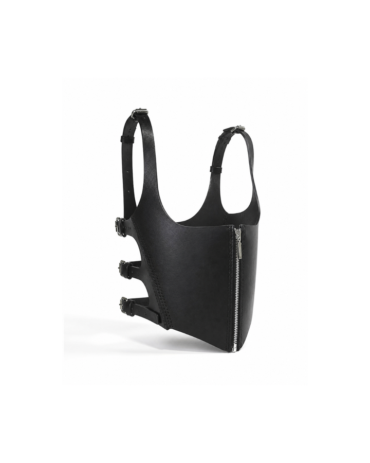 Randy Men Corset product side view in black genuine leather with zip front, shoulder straps and side buckle adjustment, Subculture
