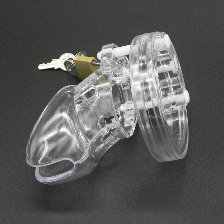 Chastity Plastic Cage Men, genuine leather chastity cage by Subculture, styled look