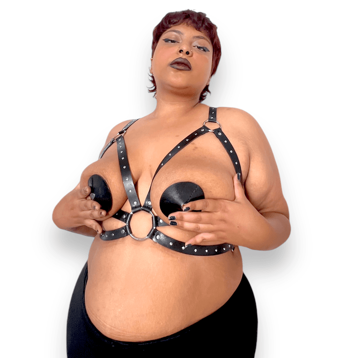 Subculture Selina Harness, genuine leather body harness by Subculture, worn view