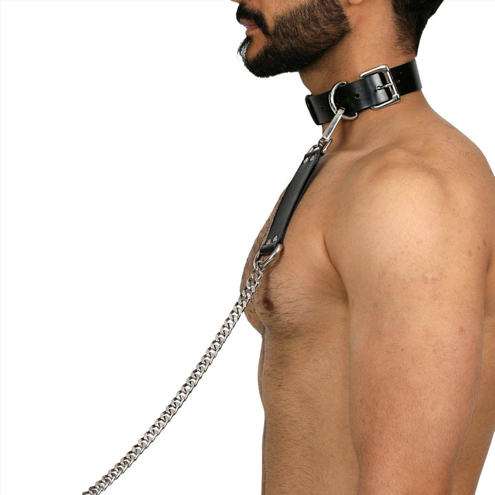 Submissive Collar and Leash, genuine leather collar by Subculture, worn view