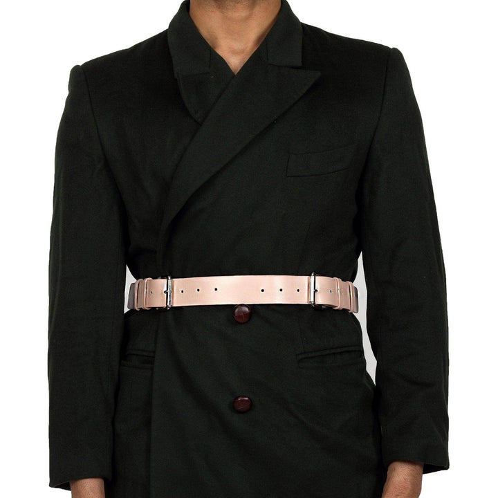 Dual Buckle Unisex Belt, genuine leather belt by Subculture, worn view