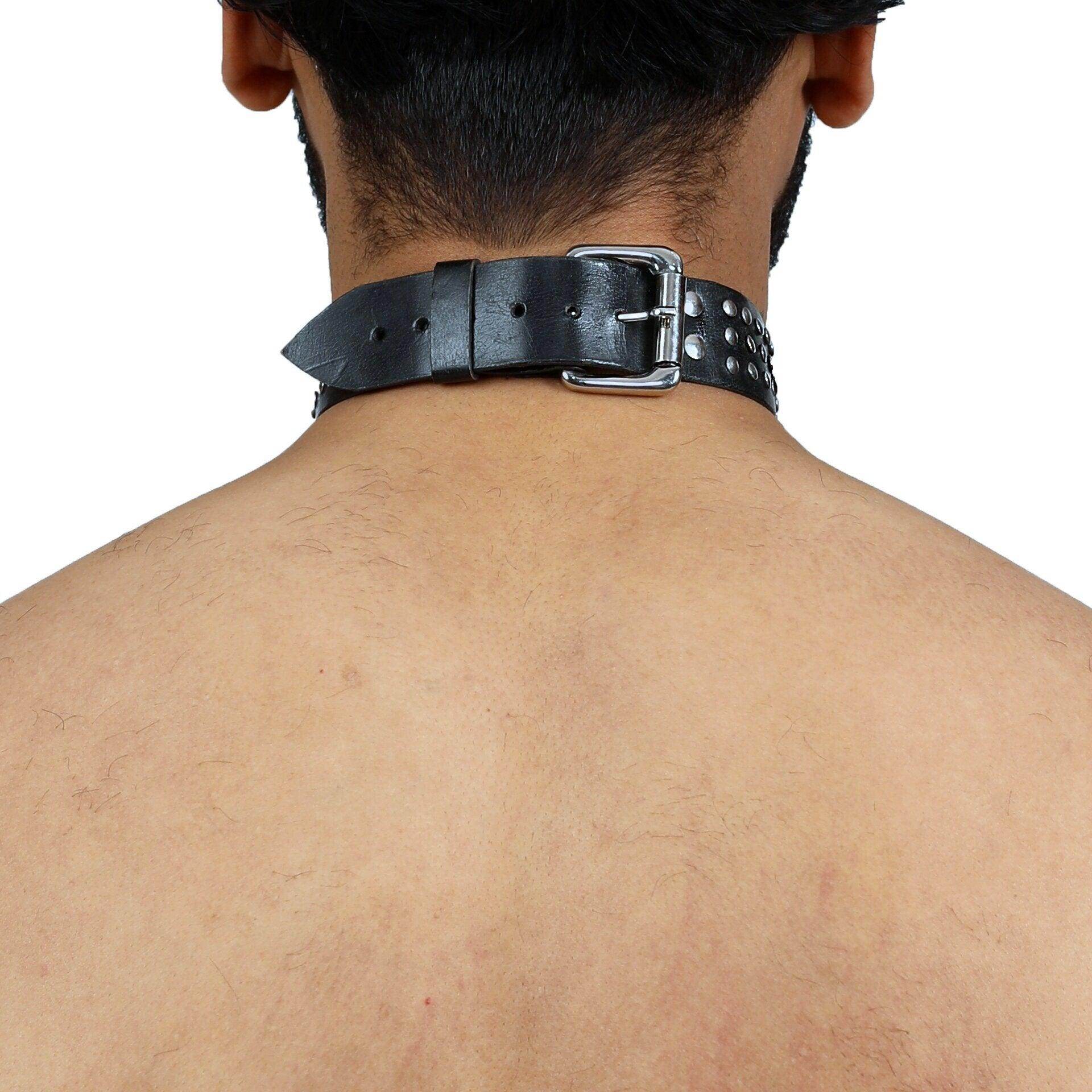 Stallion Studded Choker, genuine leather collar by Subculture, worn view