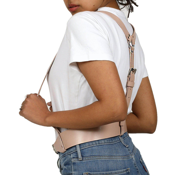 Women's Leather Shoulder Suspender Harness, genuine leather chest harness by Subculture, detail view