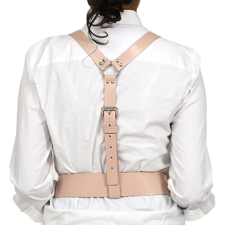 Women's Leather Shoulder Suspender Harness, genuine leather chest harness by Subculture, worn view