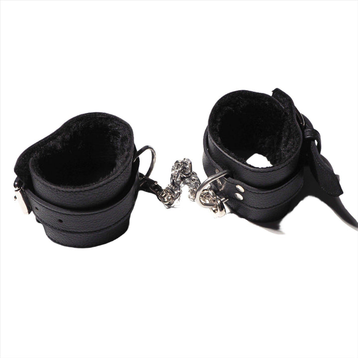 Subculture Hand-Cuffs 101, genuine leather restraint cuffs by Subculture, worn view